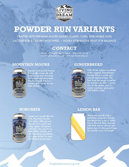 sheet explaining the 4 Powder Run beer variants; contact brewery for full details